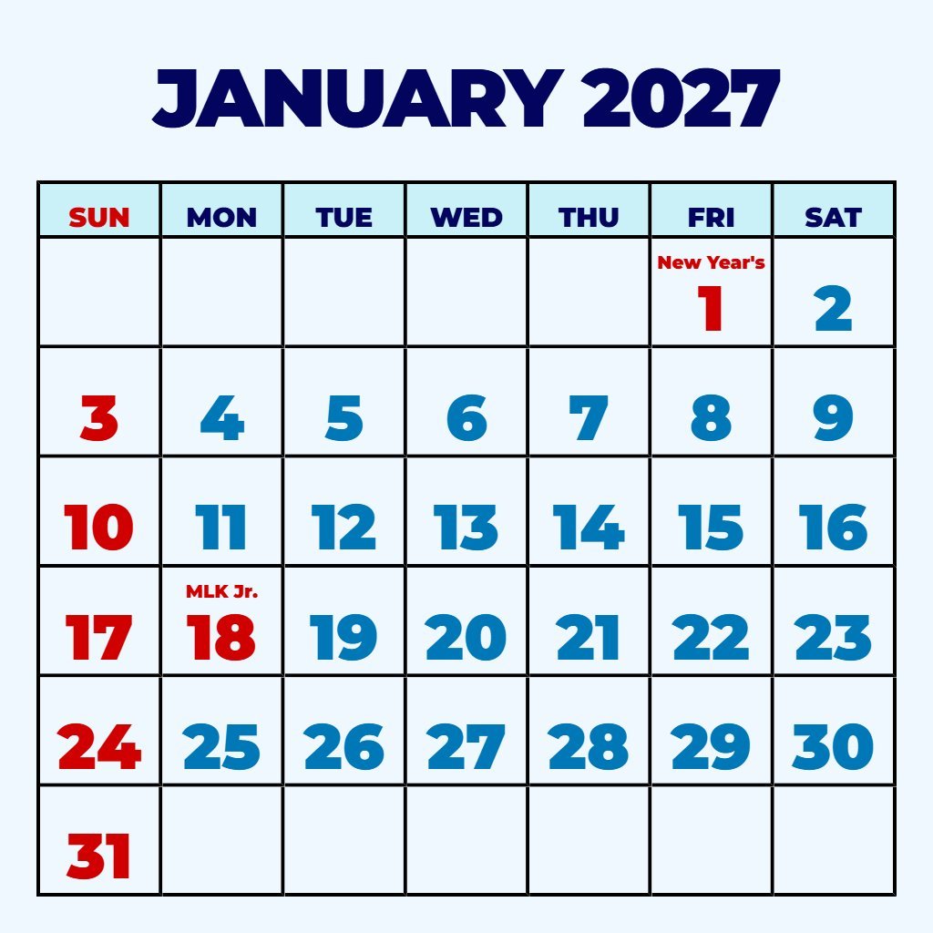 Editable January 2027 Printable Calendar Free Notes PDF Download