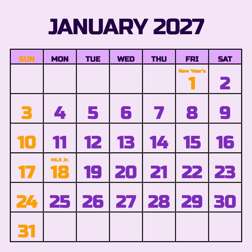 Free January 2027 Printable Calendar Free Wallpaper PDF Download