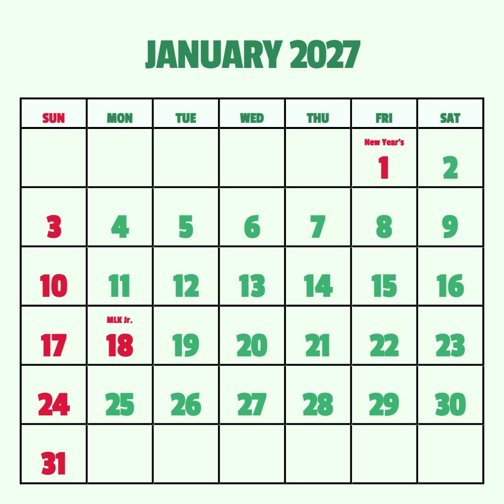 Editable January 2027 Printable Calendar With Holidays Wallpaper PDF Download
