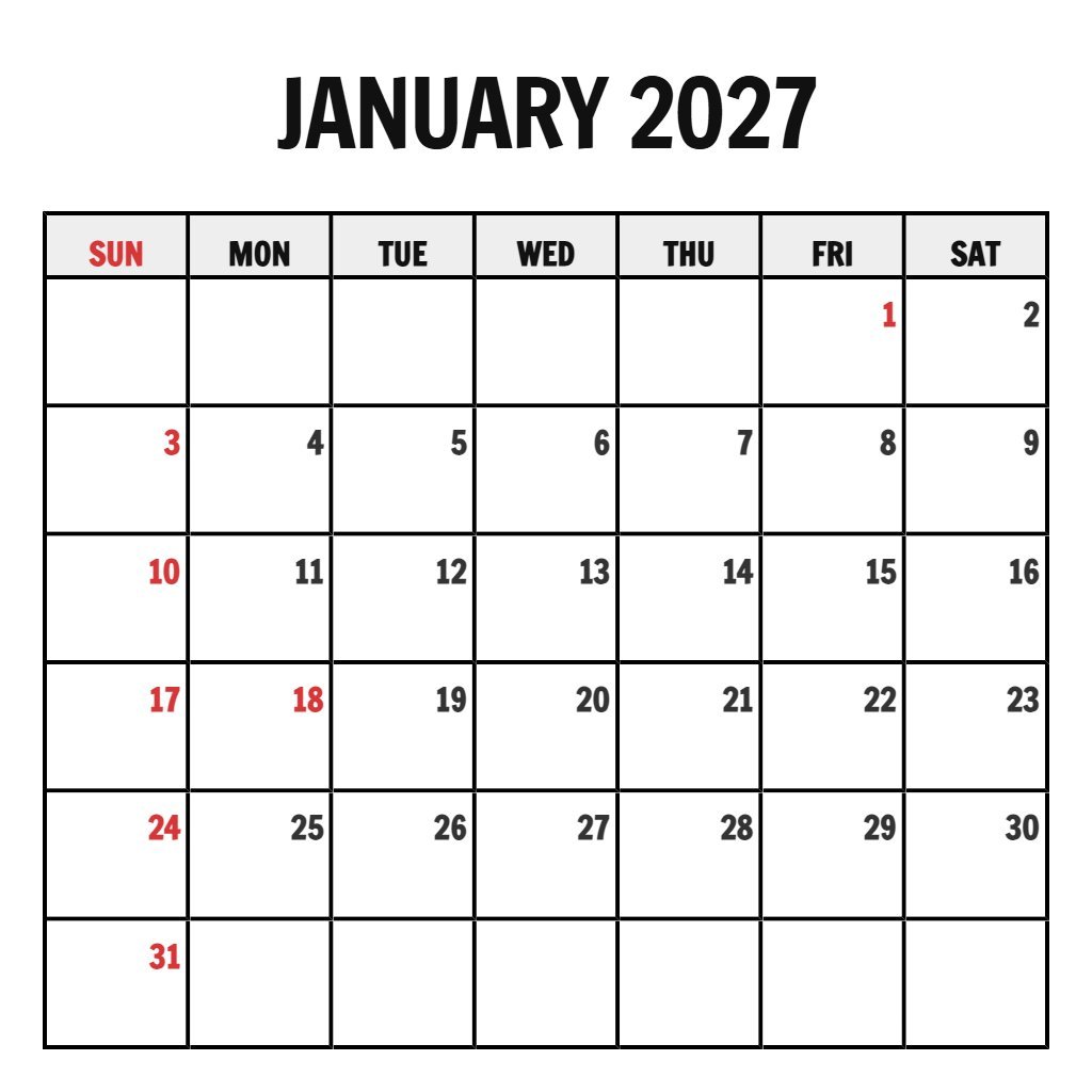 Custom January 2027 Weekly Calendar Printable Schedule PDF Download