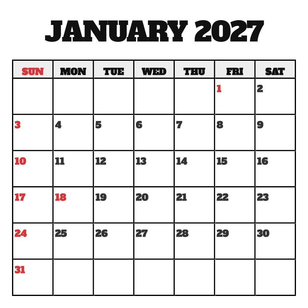 Cute January 2027 Weekly Calendar Printable Planning PDF Download