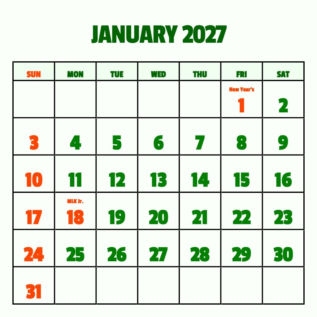Custom January 2027 Weekly Calendar Printable Notes PDF Download