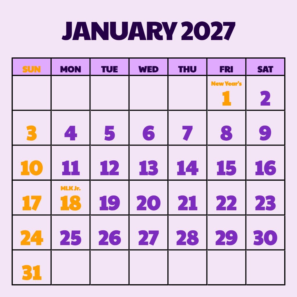 Editable January 2027 Weekly Calendar Printable Schedule PDF Download