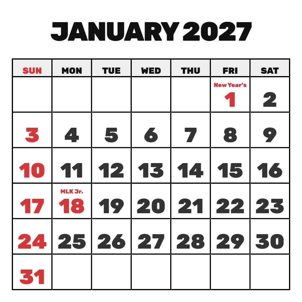 January 2027 Weekly Calendar Printable PDF Download