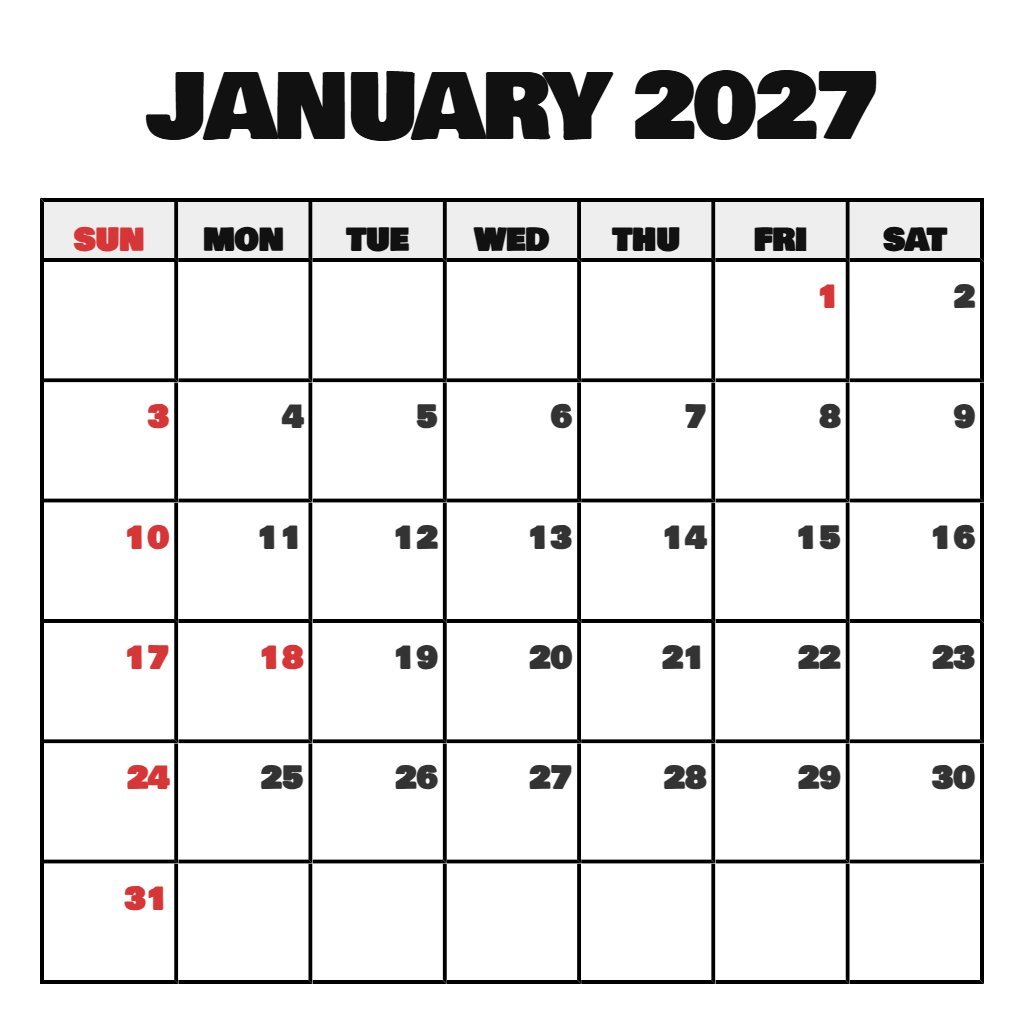 Cute January Calendar 2027 Free Printable Planning PDF Download