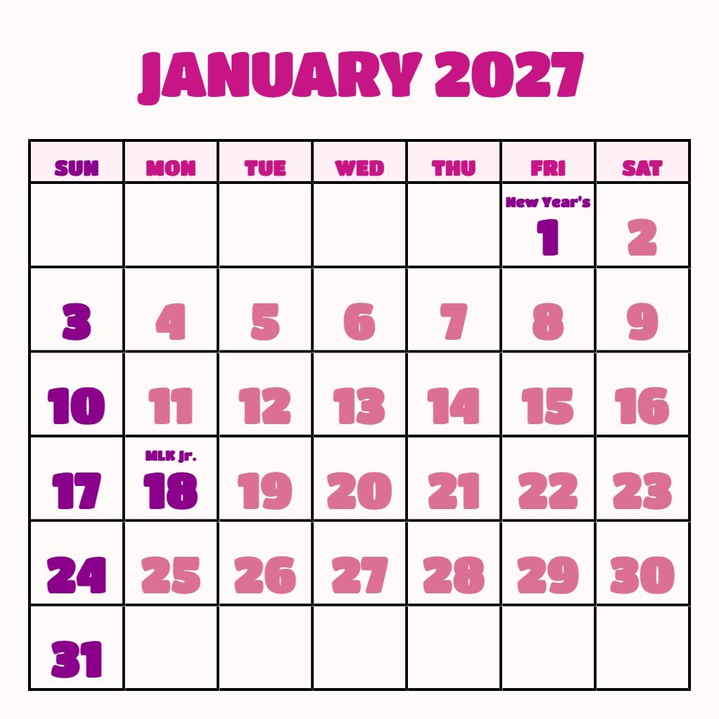 Free January Calendar 2027 Free Printable Schedule PDF Download