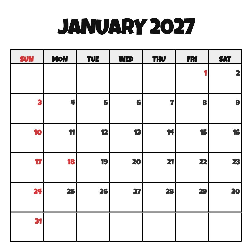 Free January Calendar 2027 Printable Free Planning PDF Download