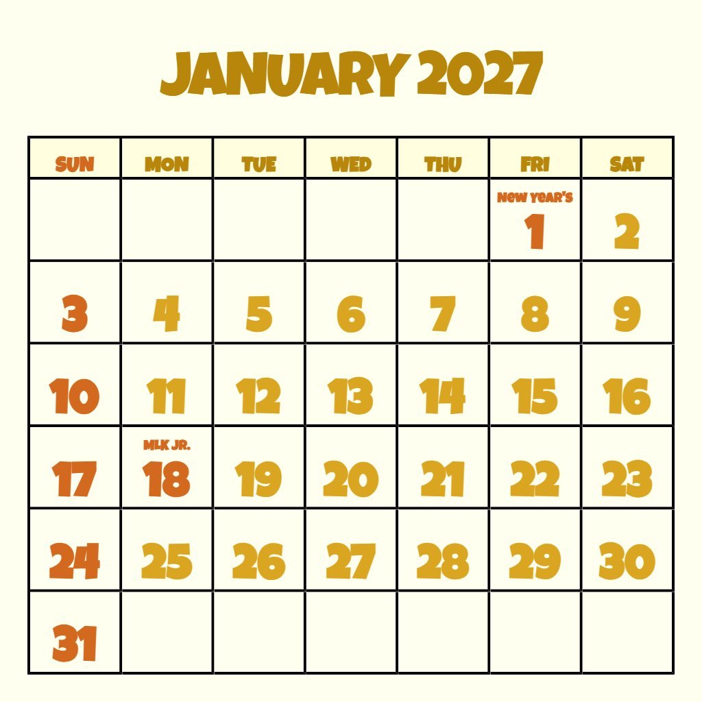 Free January Calendar 2027 Printable Free Notes PDF Download