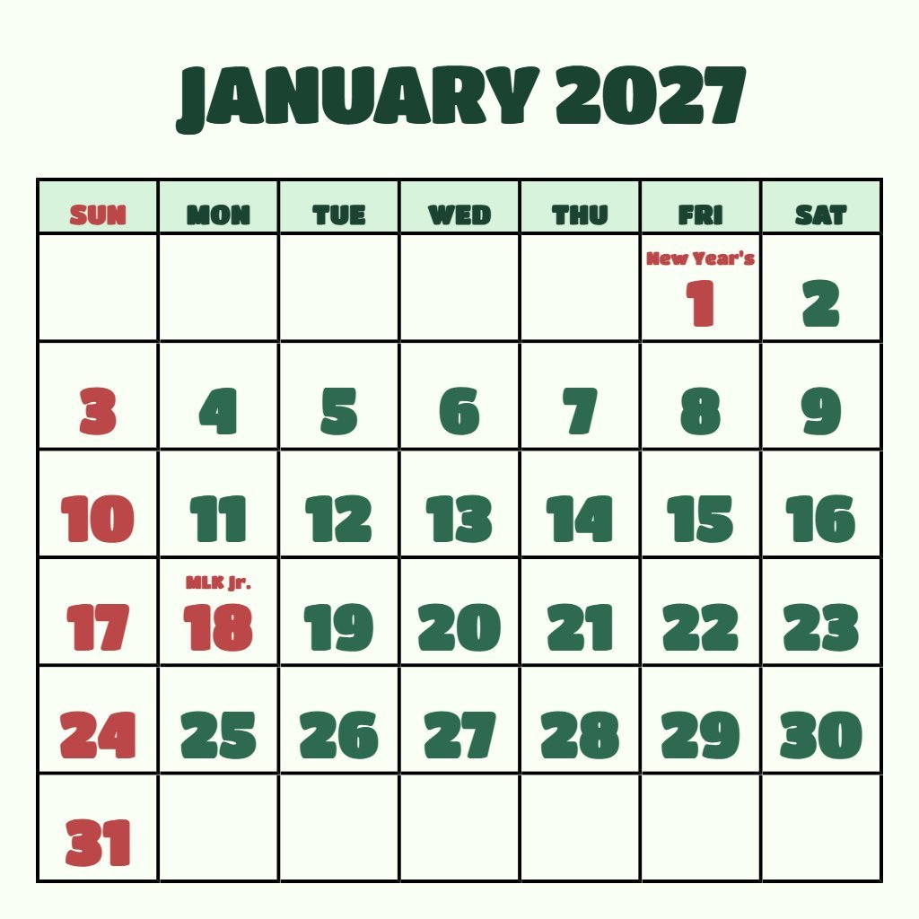 Editable January Calendar 2027 Printable Free Notes PDF Download