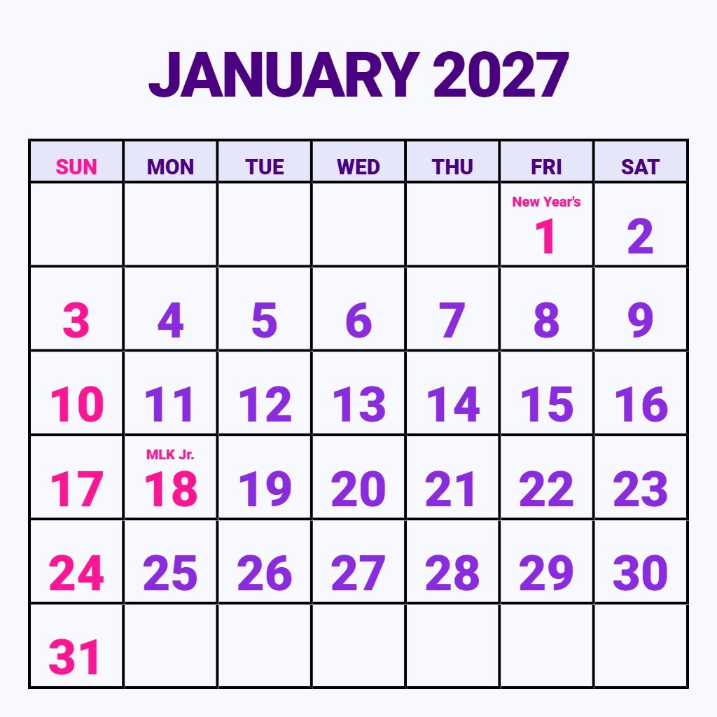 Free January February 2027 Calendar Printable Notes PDF Download