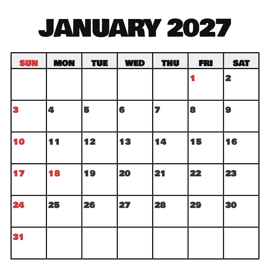 Cute January Free Printable Calendar 2027 Notes PDF Download