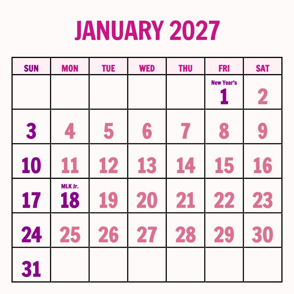 Cute January Free Printable Calendar 2027 Notes PDF Download