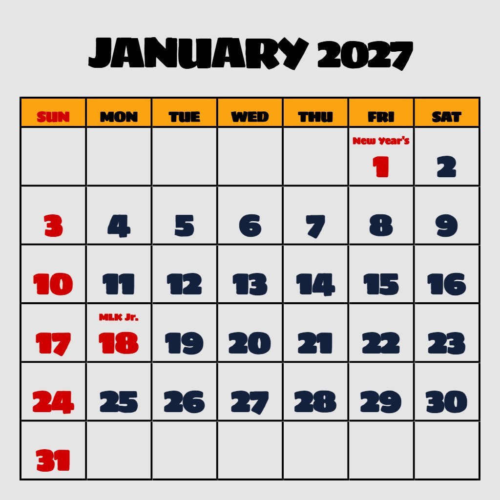 Cute January Free Printable Calendar 2027 Planning PDF Download