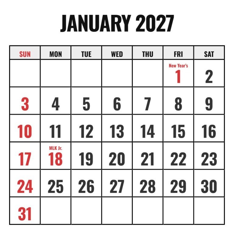January Free Printable Calendar 2027 PDF Download