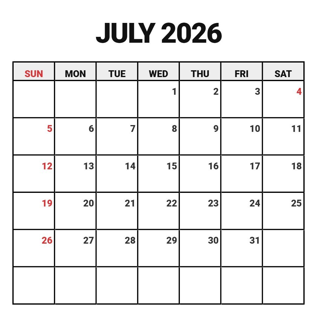 Editable July 2026 Calendar Printable Free Notes PDF Download