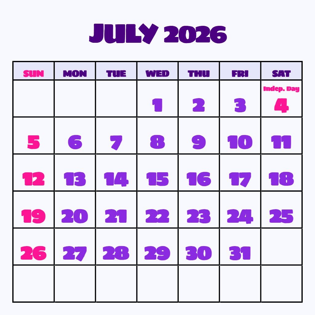 Cute July 2026 Calendar Printable Free Schedule PDF Download