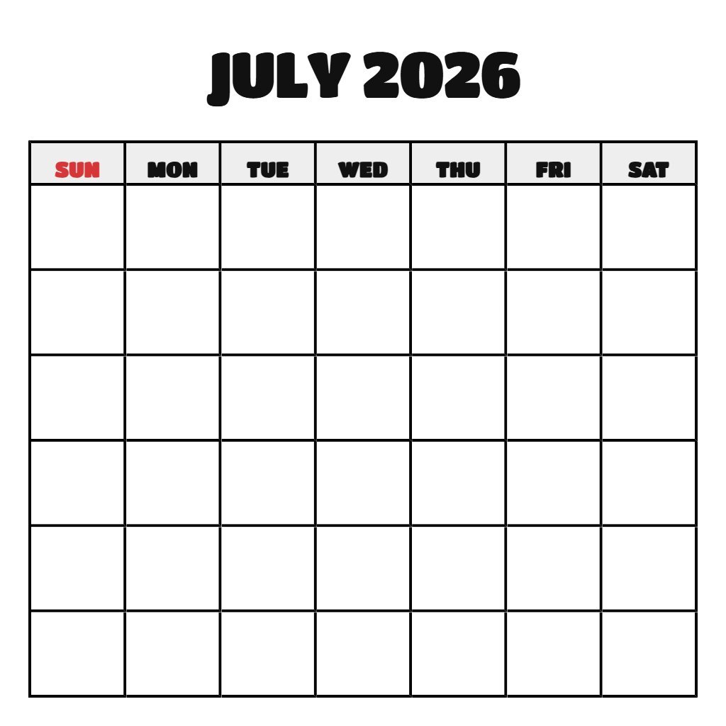 July 2026 Calendar Printable Free Blank PDF Download