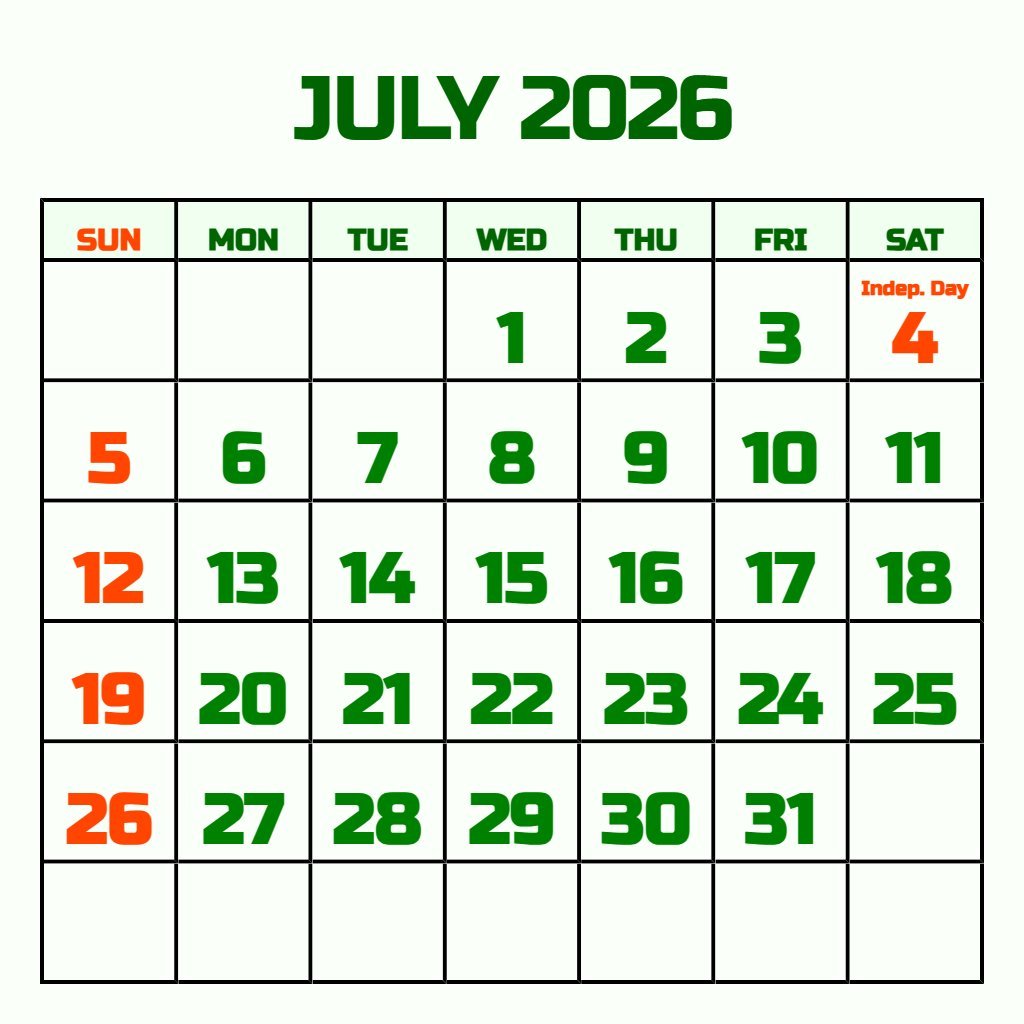 Custom July 2026 Calendar Printable Pdf Schedule PDF Download