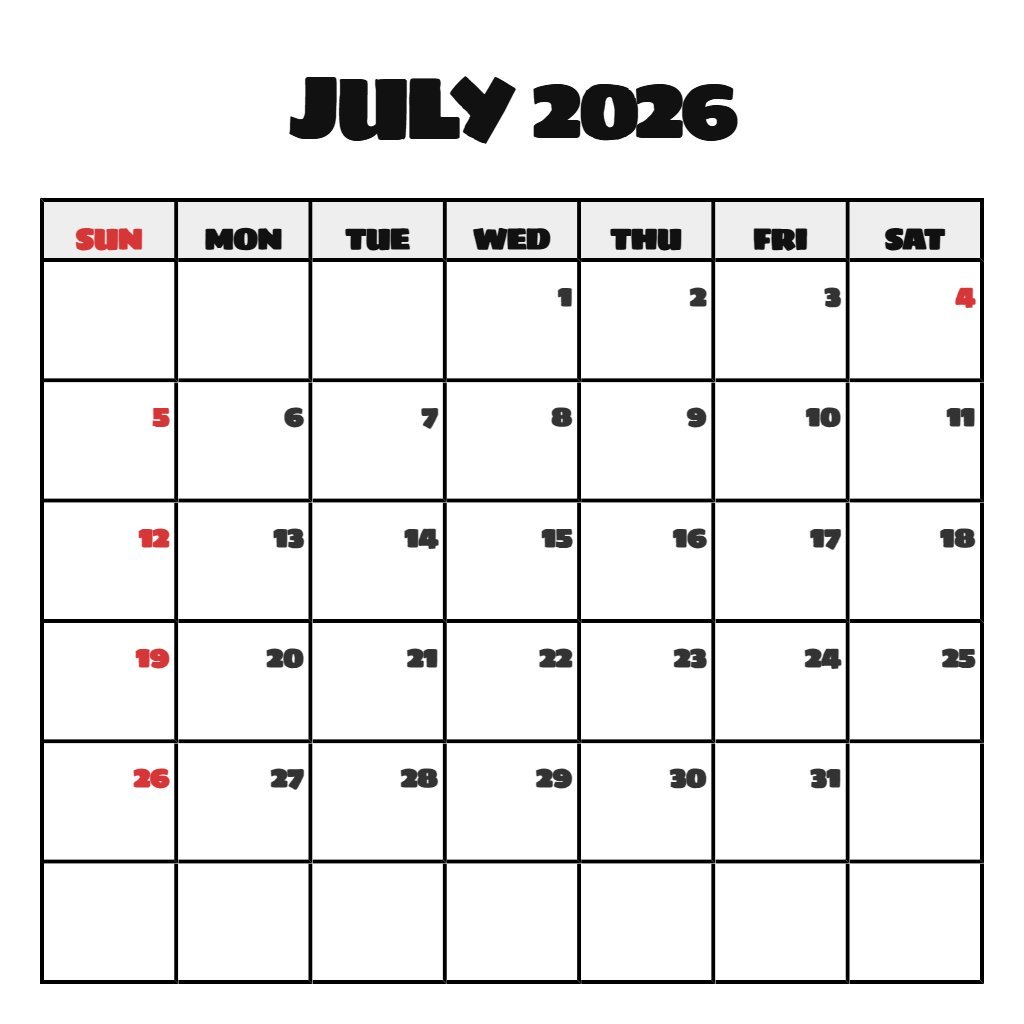 Custom July 2026 Calendar Printable Wiki Planning PDF Download