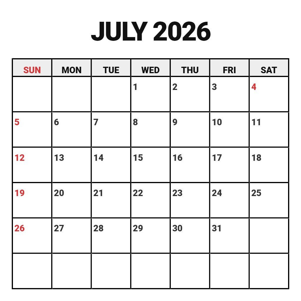 Custom July 2026 Calendar With Holidays Printable Wallpaper PDF Download