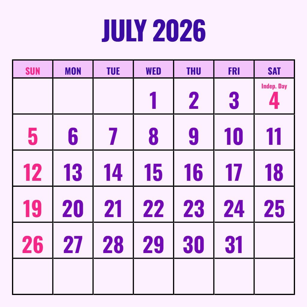 Free July 2026 Calendar With Holidays Printable Wallpaper PDF Download