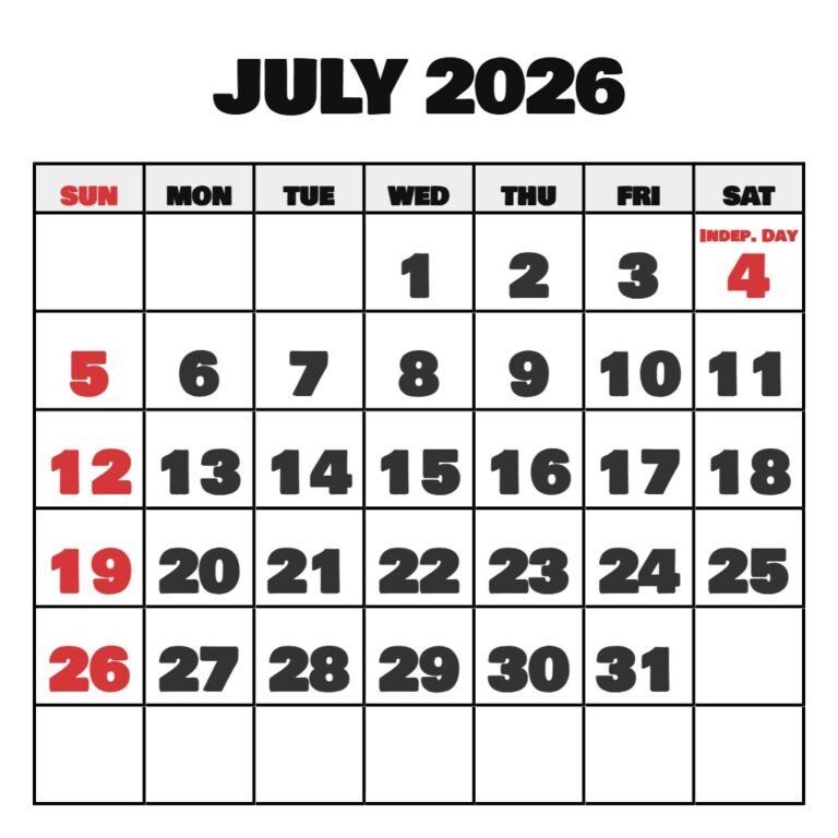 July 2026 Calendar With Holidays Printable PDF Download