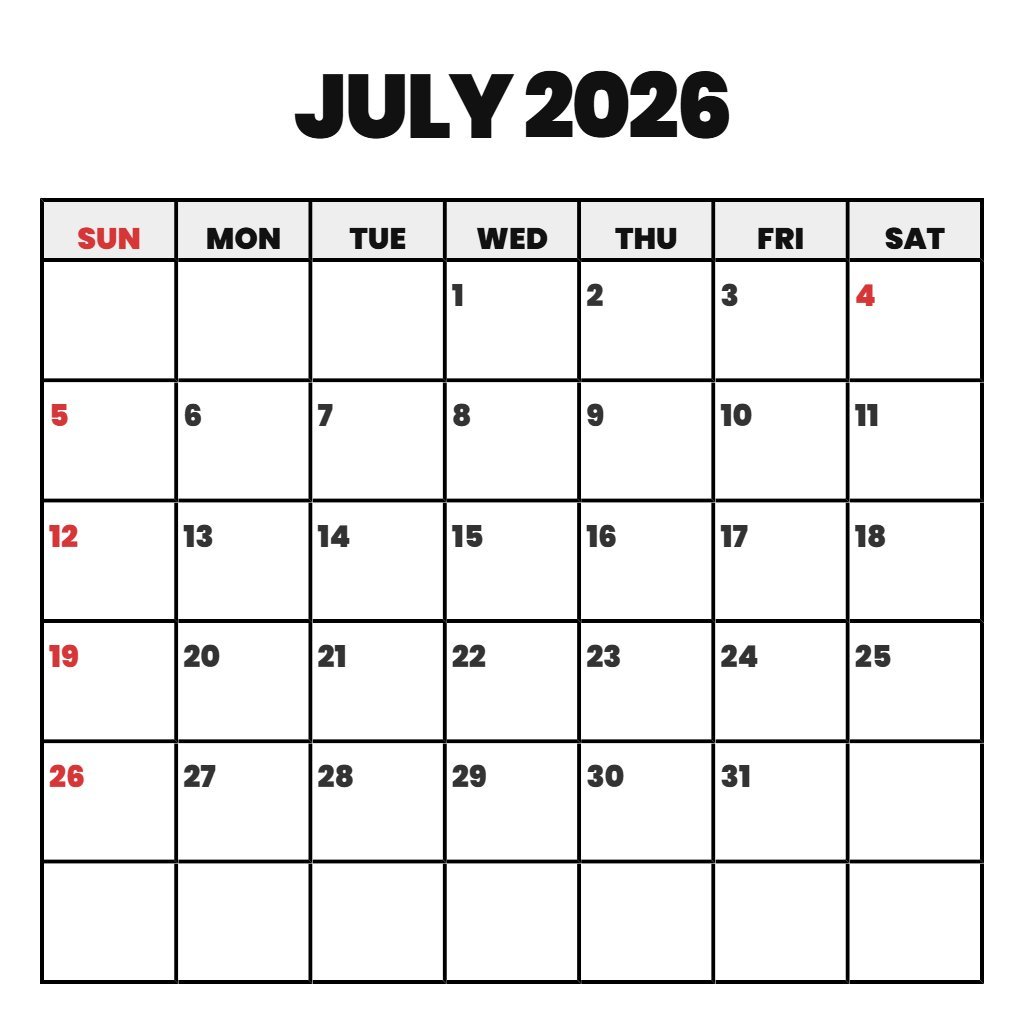 Cute July 2026 Calendar With Holidays Printable Free Notes PDF Download