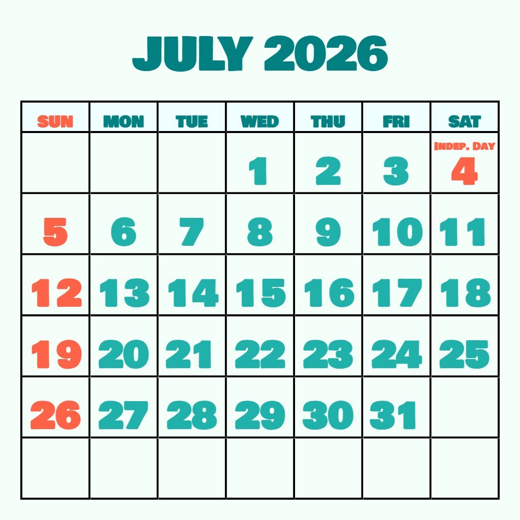 Free July 2026 Calendar With Holidays Printable Free Planning PDF Download