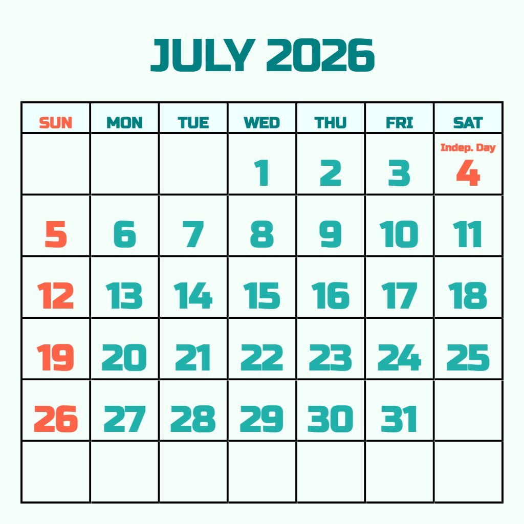 Custom July 2026 Calendar With Holidays Printable Free Schedule PDF Download