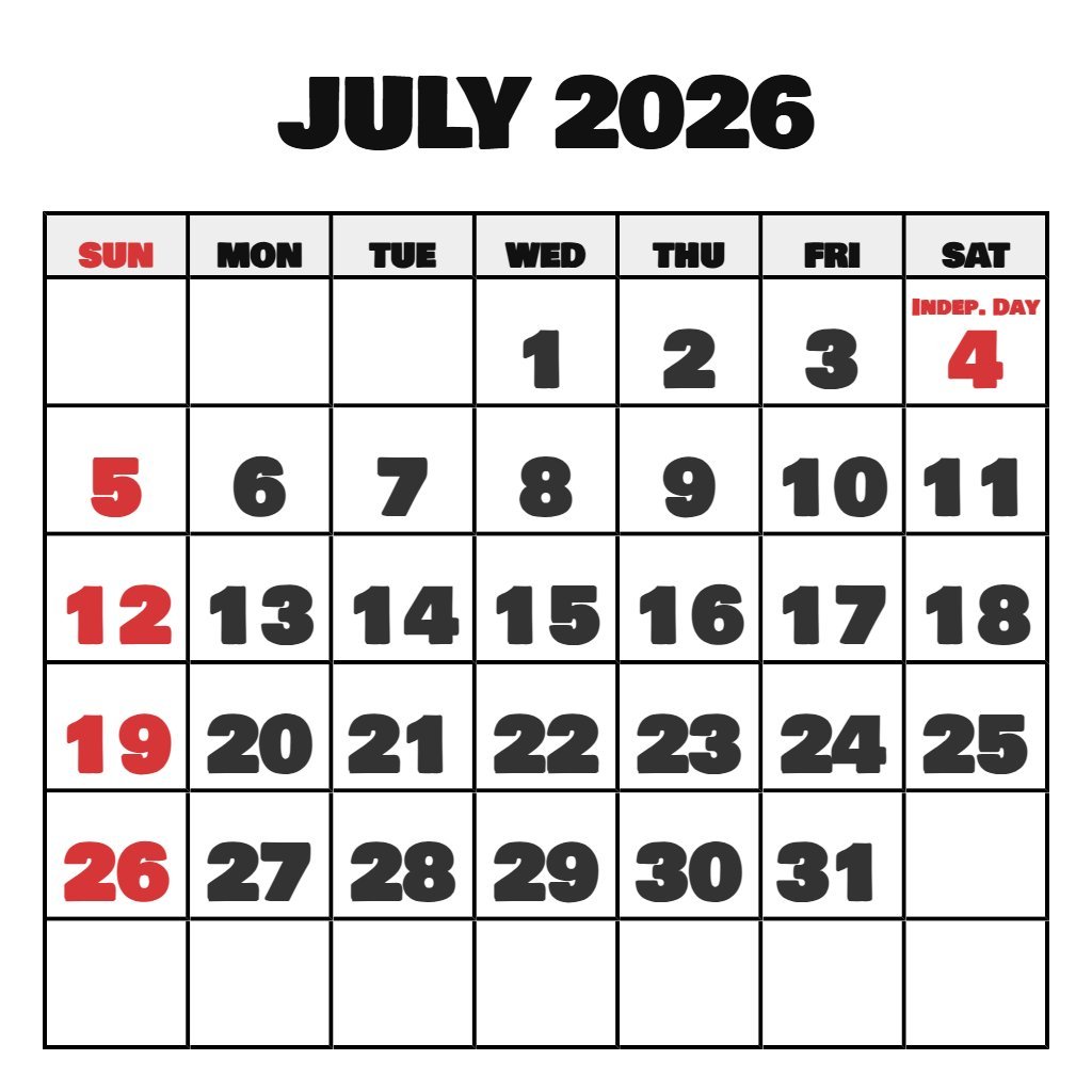 July 2026 Calendar With Holidays Printable PDF Download