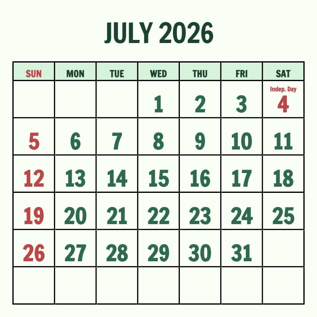 Free July 2026 Free Printable Calendar Notes PDF Download