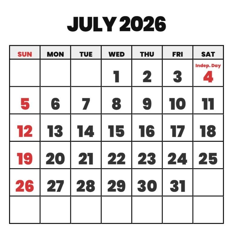 July 2026 Monthly Calendar Printable PDF Download