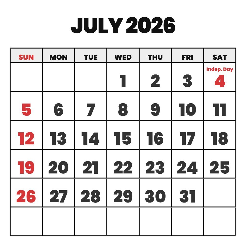 July 2026 Monthly Calendar Printable July 2026 Monthly Calendar Printable PDF Download