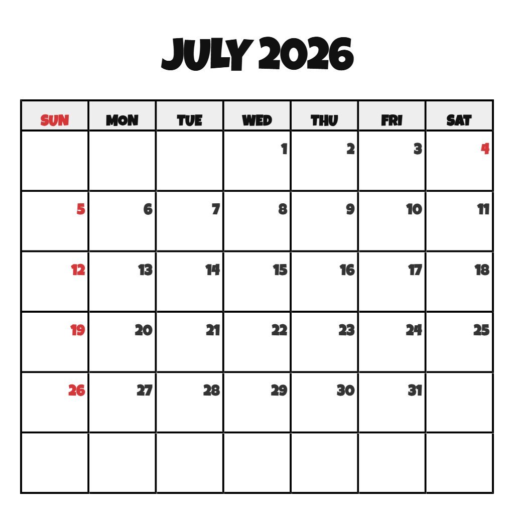 Custom July 2026 Printable Calendar Free Planning PDF Download