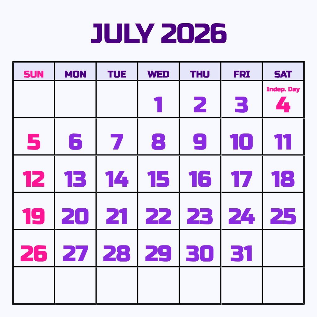 Free July 2026 Printable Calendar Free Planning PDF Download