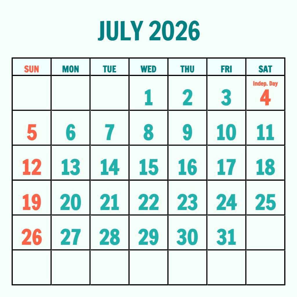 Editable July 2026 Printable Calendar Free Notes PDF Download