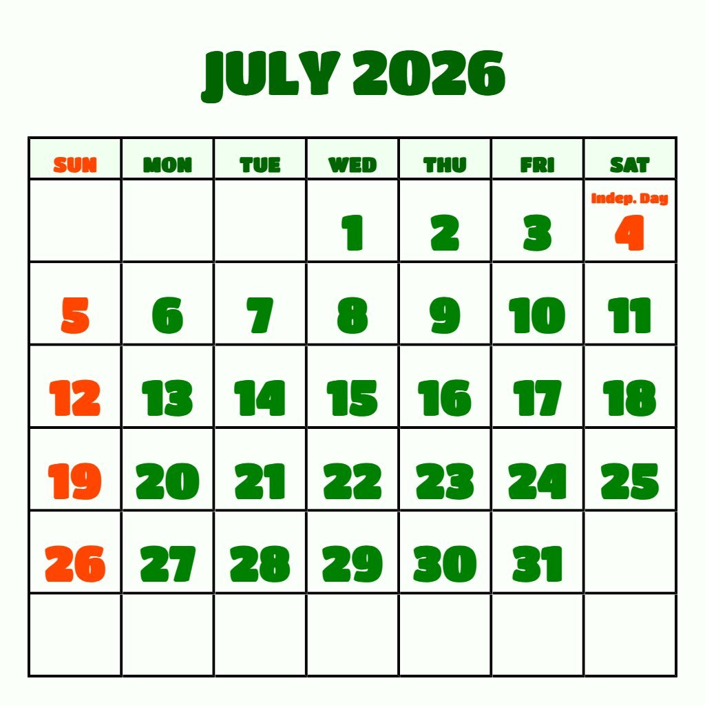 Editable July 2026 To June 2026 Calendar Printable Wallpaper PDF Download