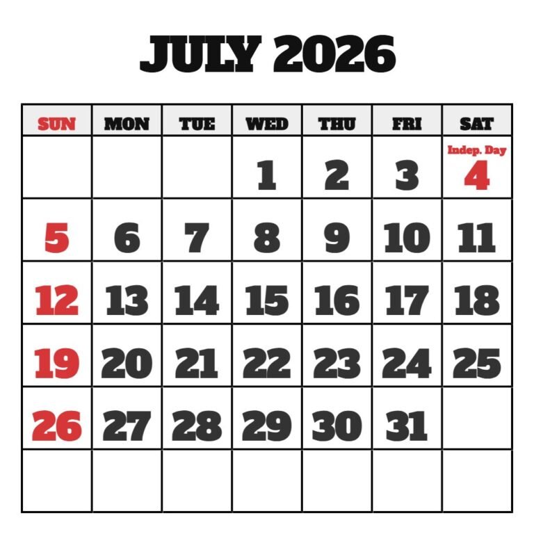 July 2026 To June 2026 Calendar Printable PDF Download