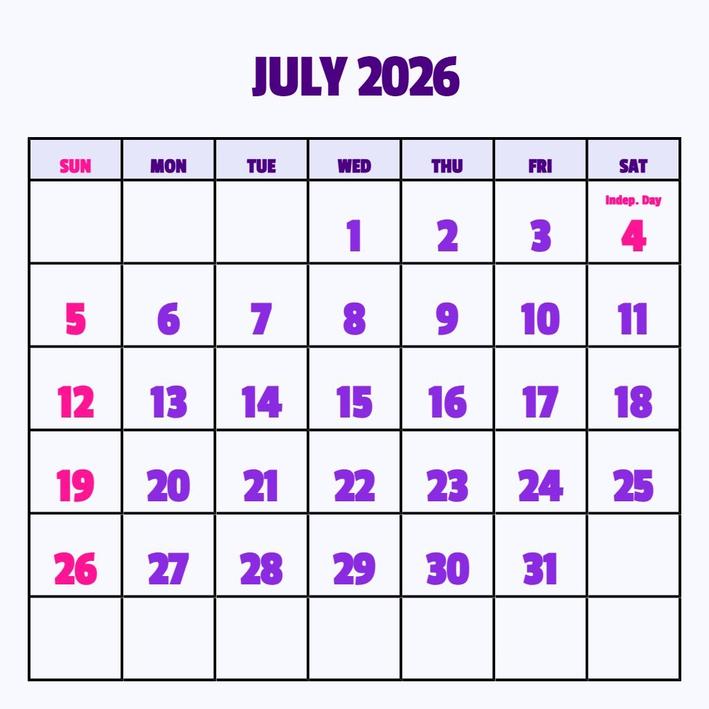 Custom July Calendar 2026 Free Printable Wallpaper PDF Download
