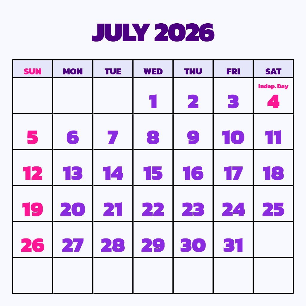 Custom July Calendar 2026 Free Printable Planning PDF Download
