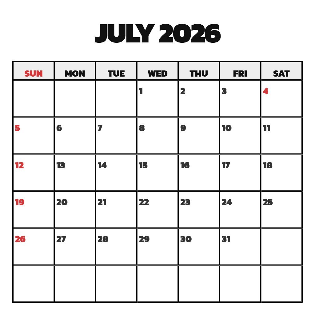 Free July Calendar 2026 Printable Free Wallpaper PDF Download
