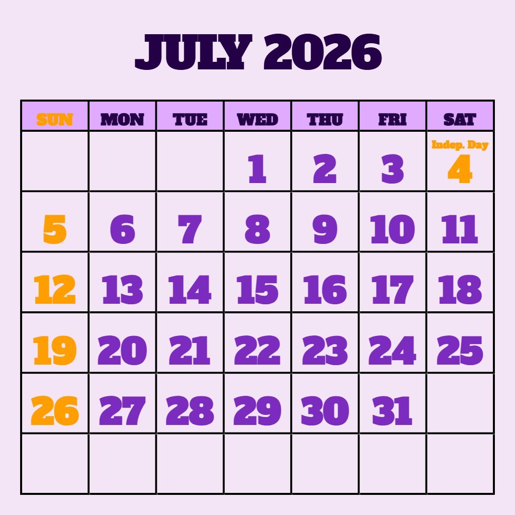 Free July Calendar 2026 Printable Free Planning PDF Download