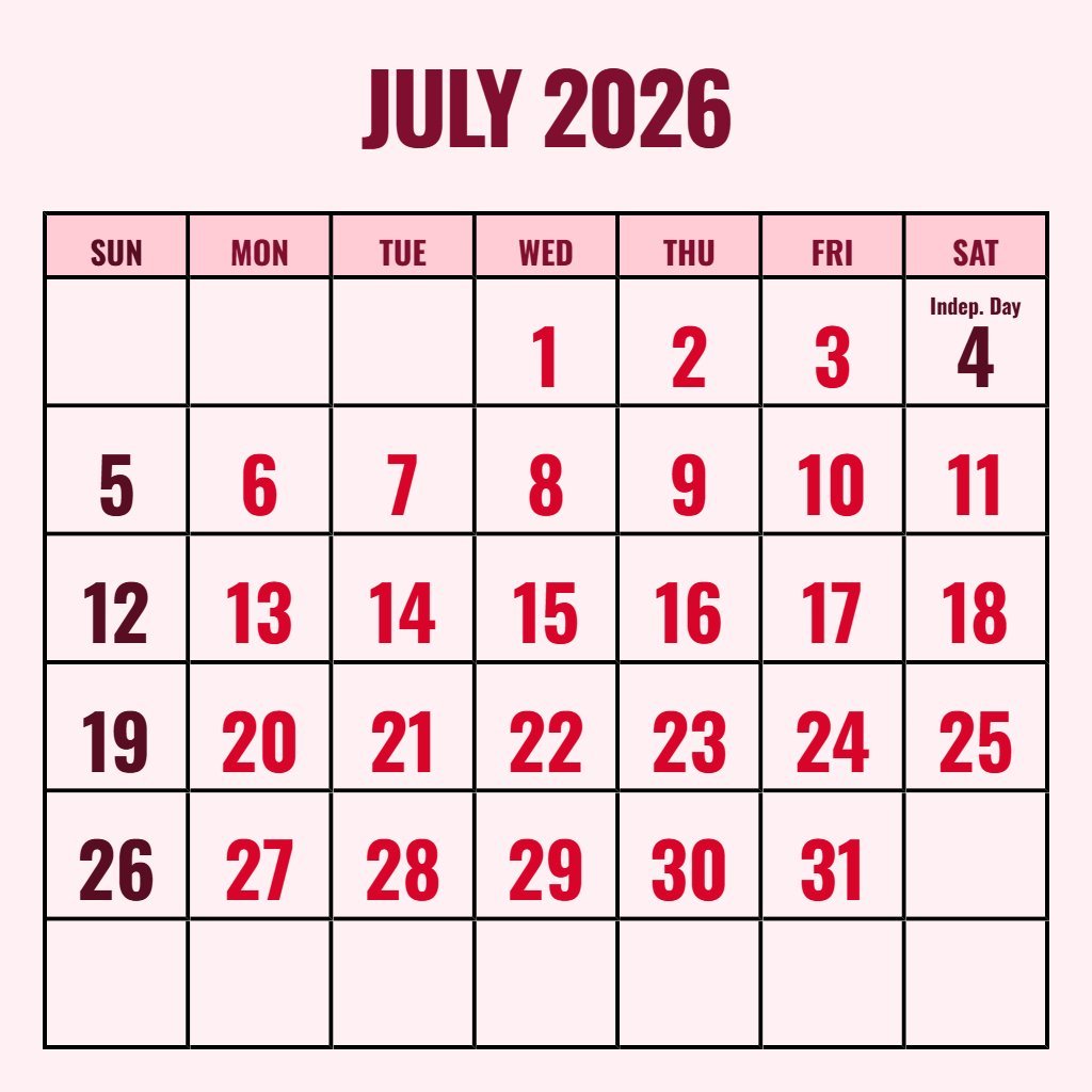 Custom July Calendar 2026 Printable Free Schedule PDF Download