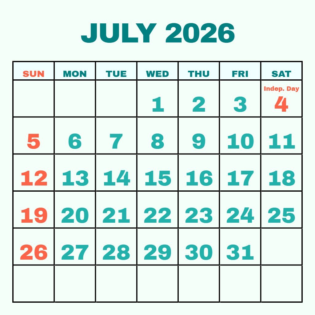 Free July Calendar Free Printable 2026 Notes PDF Download Free July Calendar Free Printable 2026 Notes PDF Download