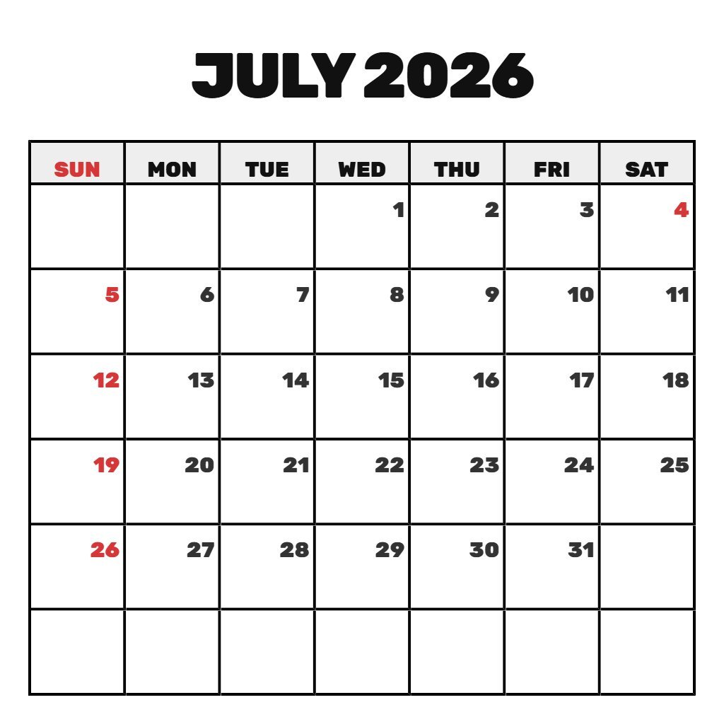 Custom July Free Printable Calendar 2026 Notes PDF Download