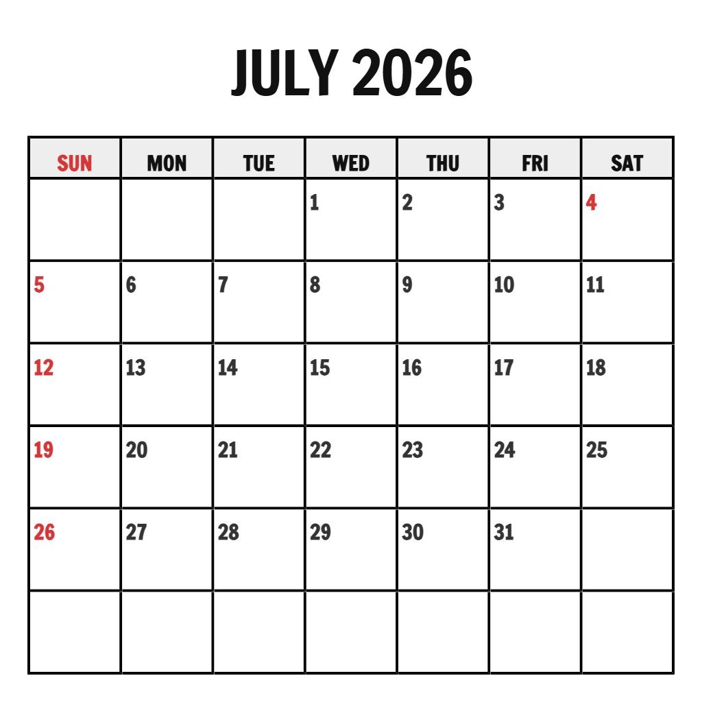 Cute July Free Printable Calendar 2026 Schedule PDF Download