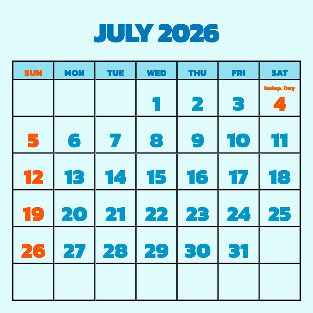 Free July Free Printable Calendar 2026 Notes PDF Download