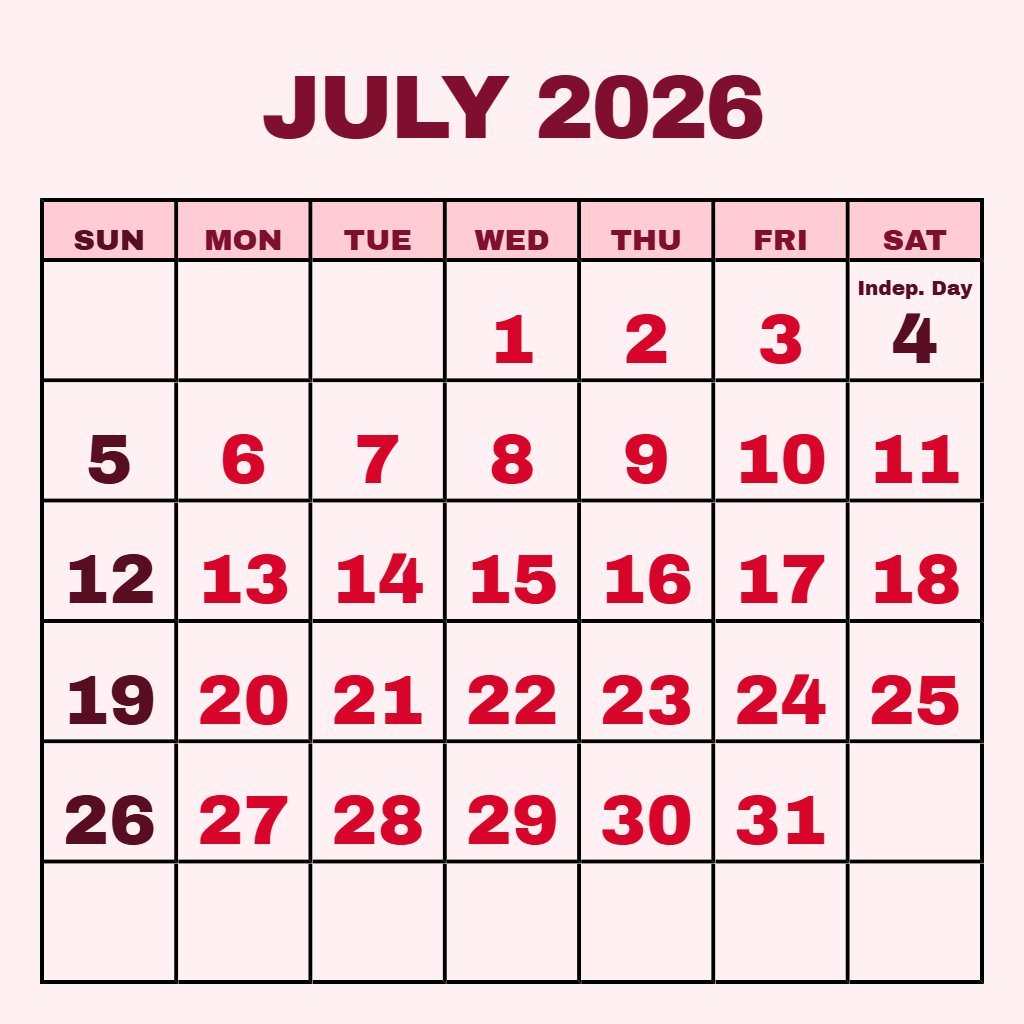 Cute July Free Printable Calendar 2026 Notes PDF Download