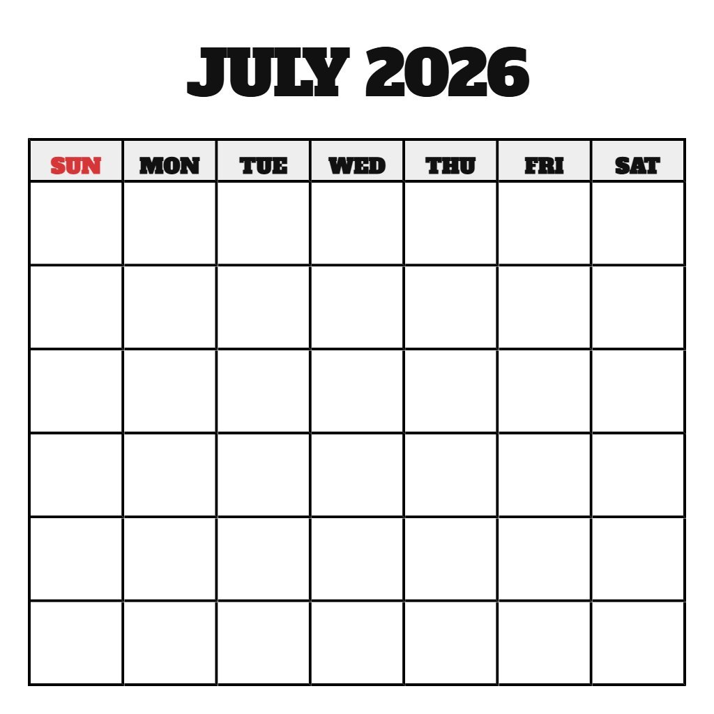 July Free Printable Calendar 2026 Blank PDF Download