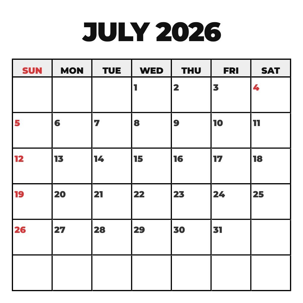 Free July Printable Calendar 2026 Free Notes PDF Download